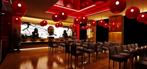 ديكور مطاعم وجبات سريعة Japanese Restaurant Design Red Round Pendants