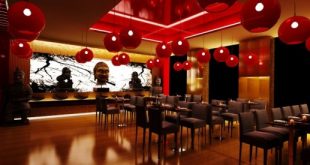 ديكور مطاعم وجبات سريعة Japanese Restaurant Design red round pendants 582x275 310x165